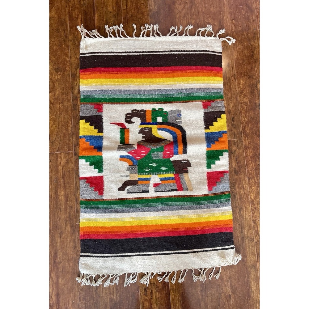 Vintage Hand Woven Rug Wool Aztec  Navajo   44"x 25.5"